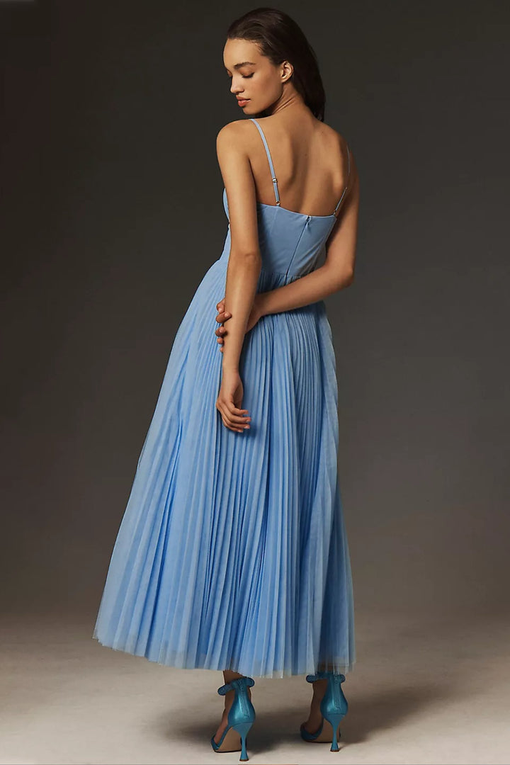 Women's Sweetheart Corset-Bodice Pleated Tulle Midi Dress