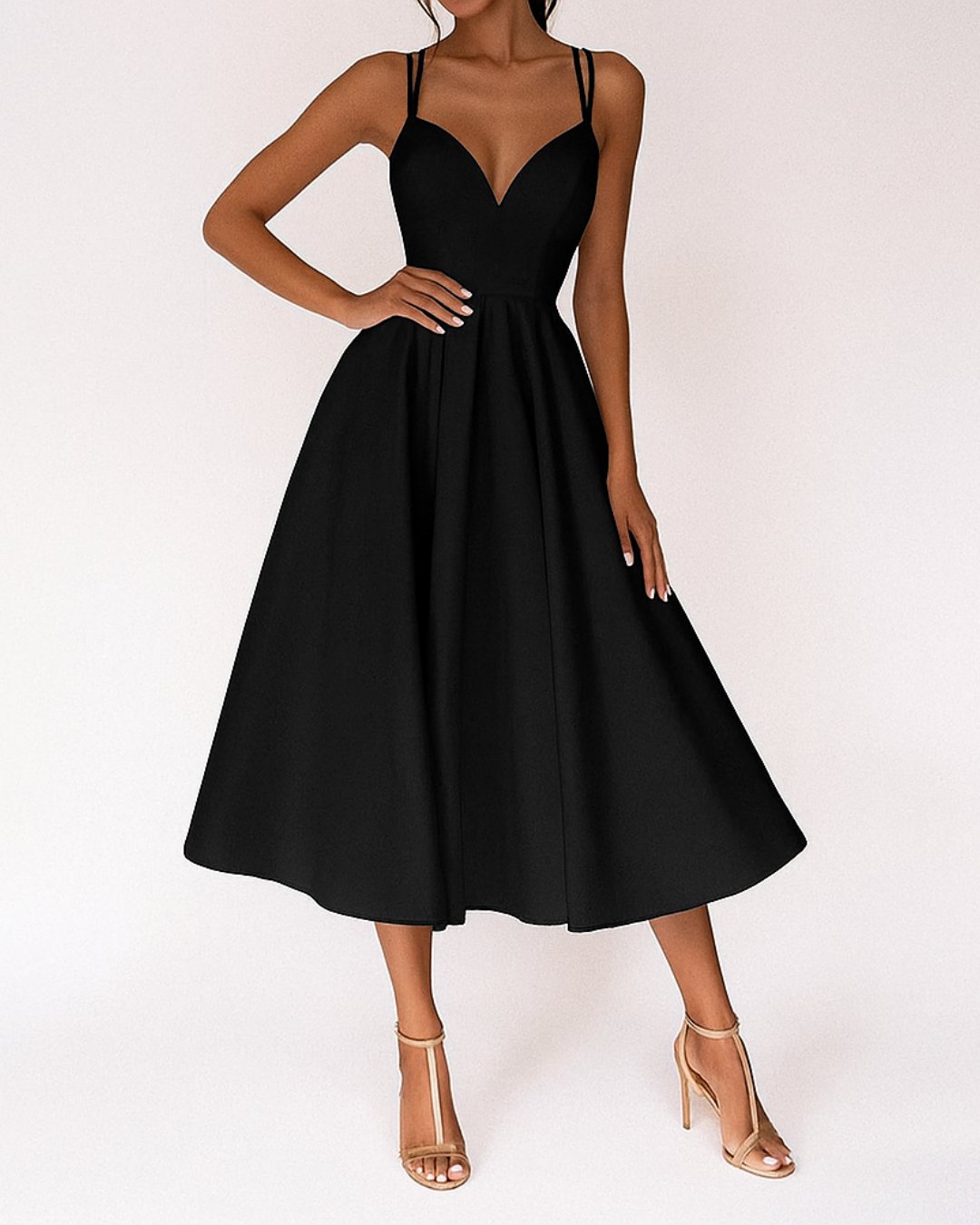 Women's Sweetheart Neckline Spaghetti Strap Midi Dress - Zwart