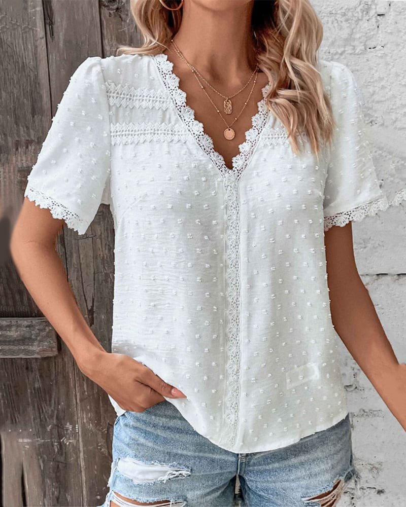 Women's Swiss Dot Lace-Trim V-Neck Boho Short-Sleeve Blouse