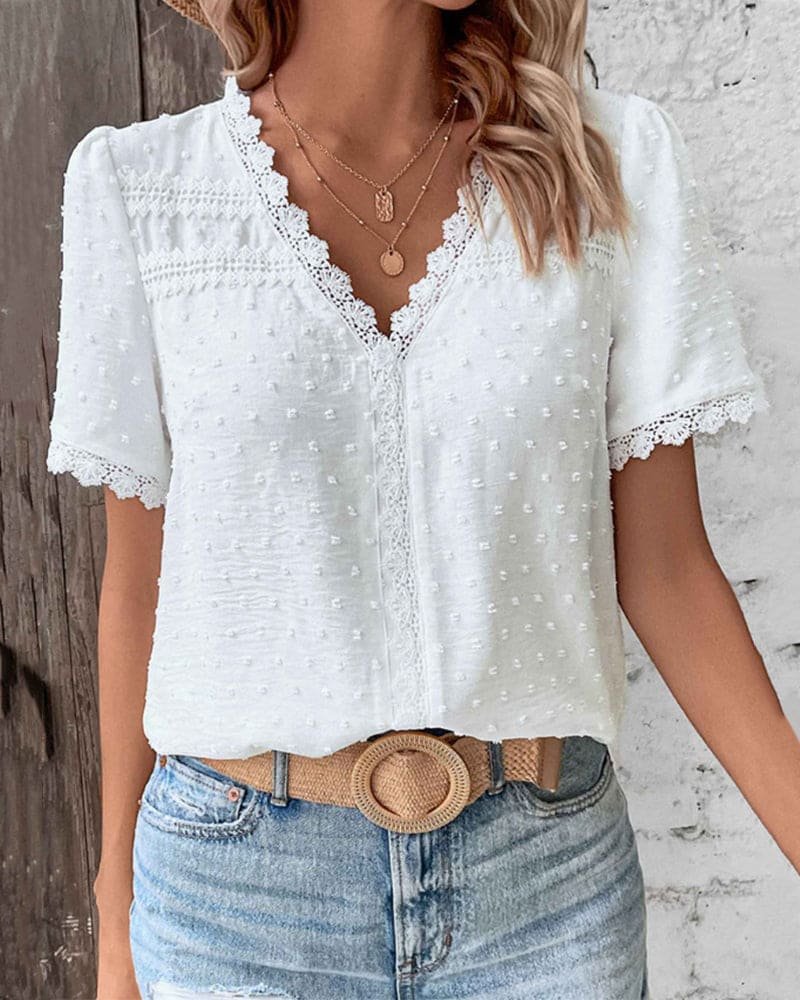 Women's Swiss Dot Lace-Trim V-Neck Boho Short-Sleeve Blouse - White
