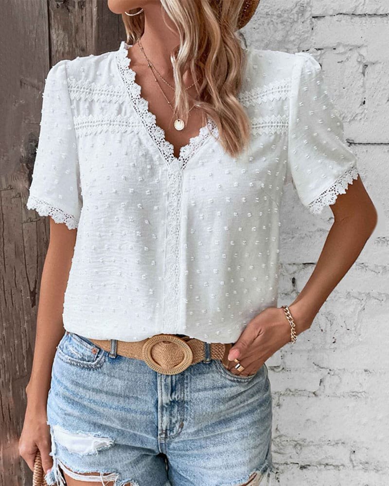 Women's Swiss Dot Lace-Trim V-Neck Boho Short-Sleeve Blouse