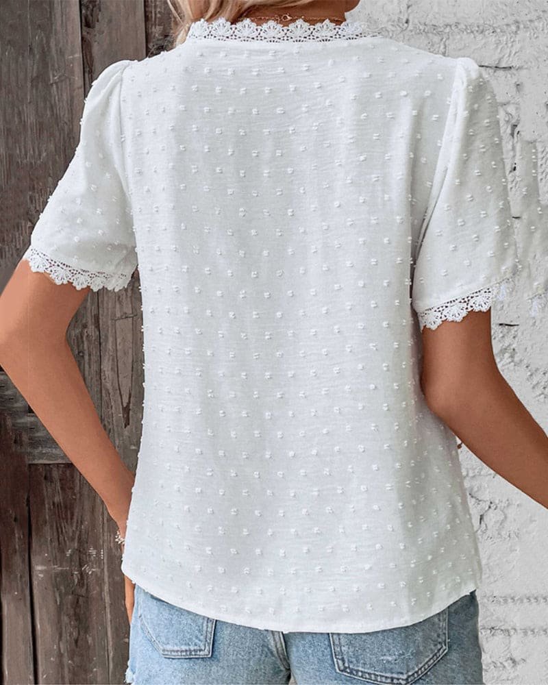 Women's Swiss Dot Lace-Trim V-Neck Boho Short-Sleeve Blouse