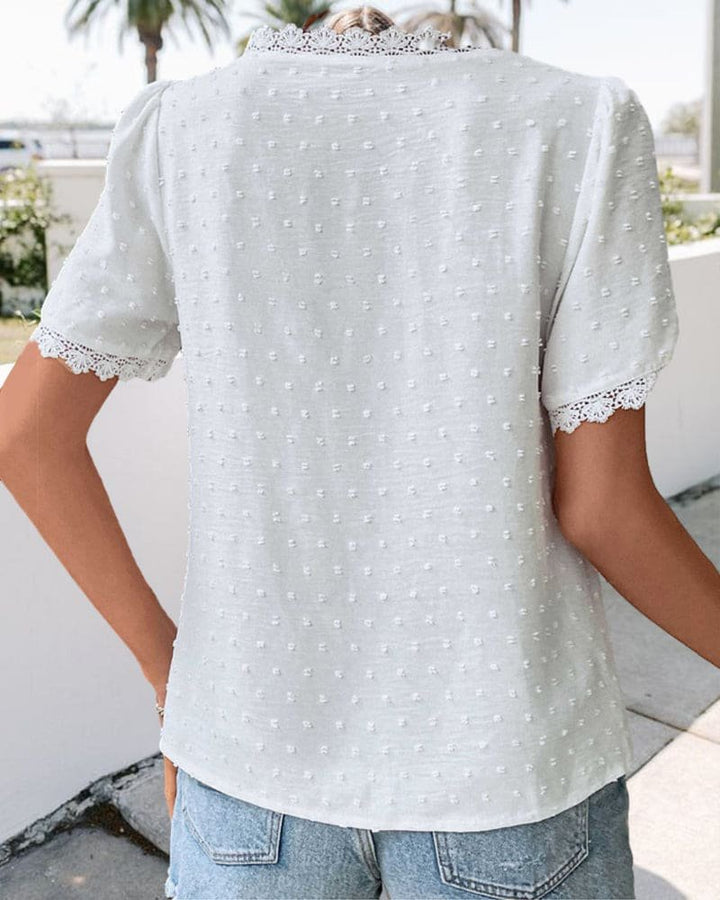 Women's Swiss Dot Lace-Trim V-Neck Boho Short-Sleeve Blouse