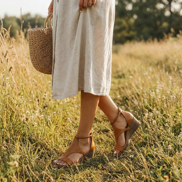 Women's T-Strap Open-Toe Ankle-Strap Wedge Sandals