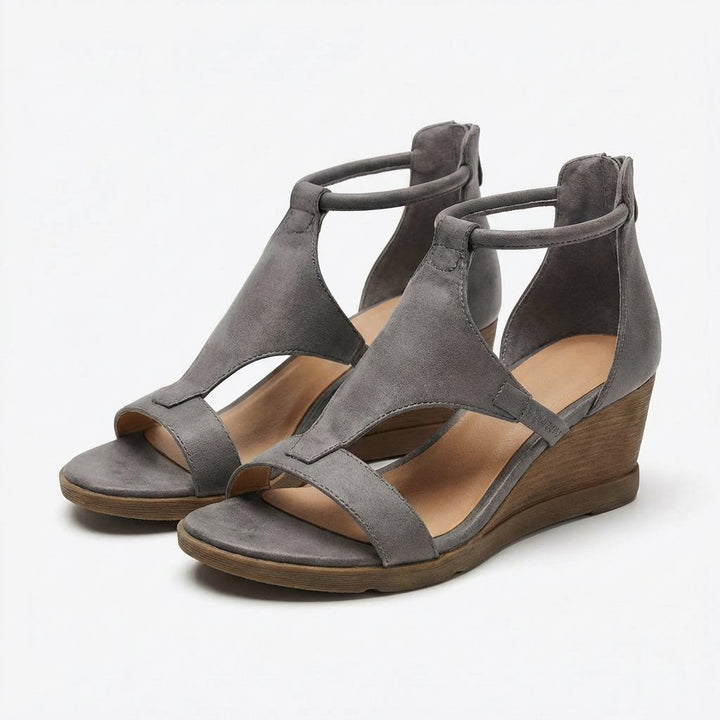 Women's T-Strap Open-Toe Ankle-Strap Wedge Sandals - Gris