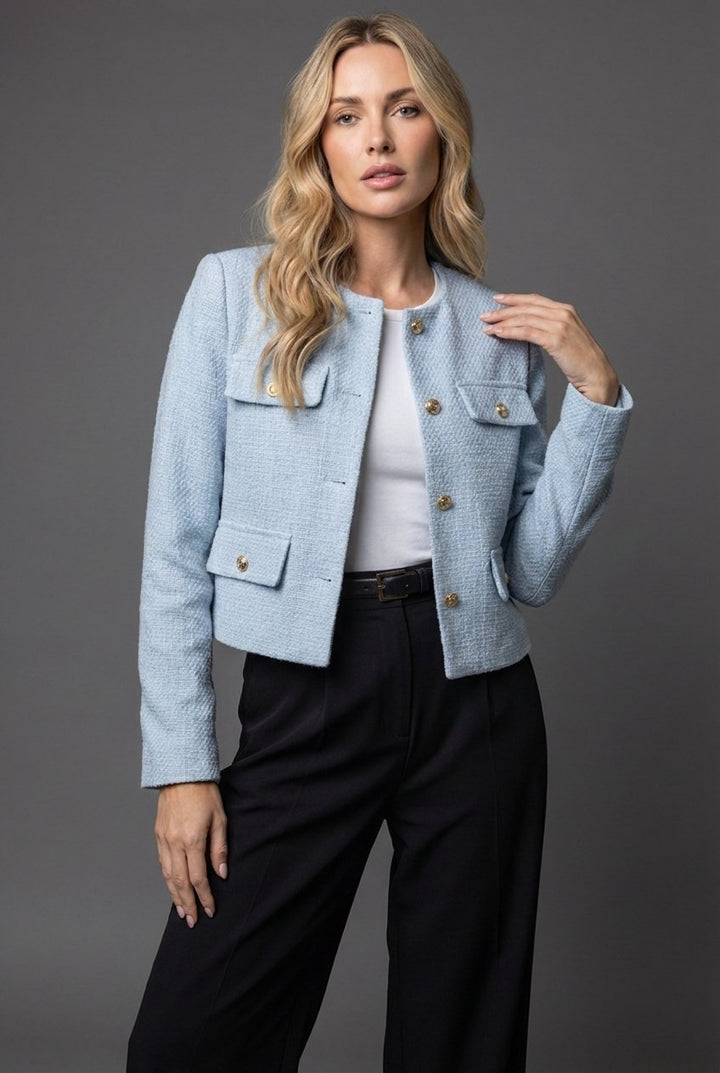Women's Textured Tweed Cropped Blazer Jacket Gold Button - Light Blue