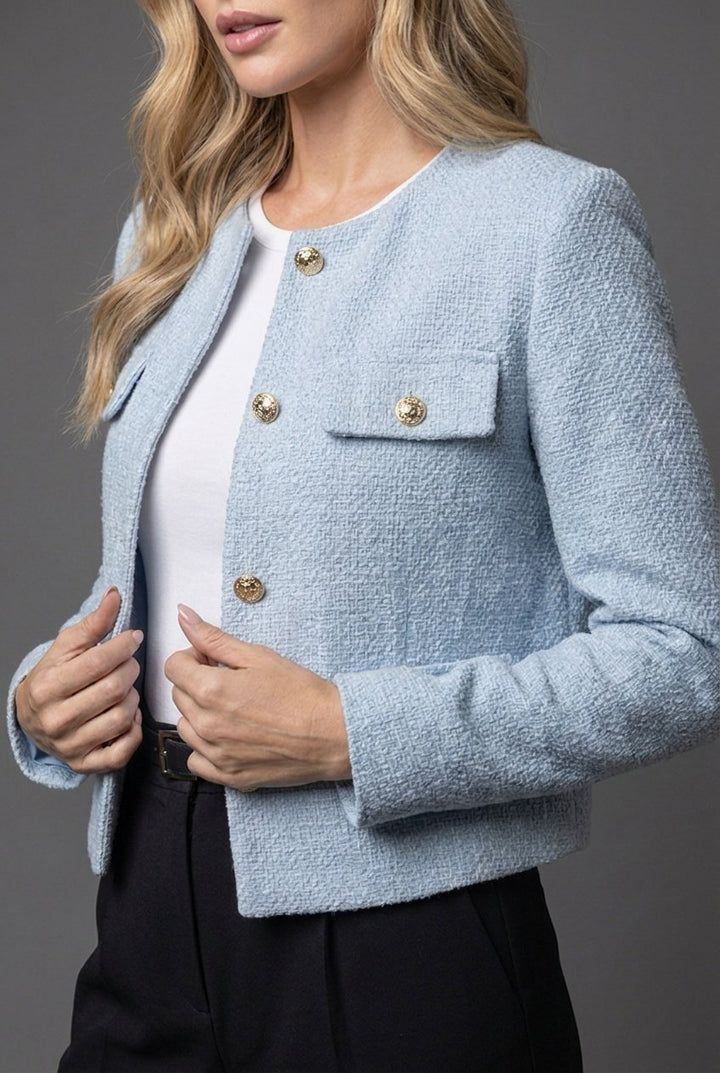 Women's Textured Tweed Cropped Blazer Jacket Gold Button