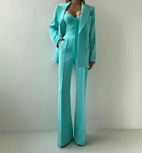 Women's Three-Piece High-Waist Flare Blazer Set Corset Top - Green