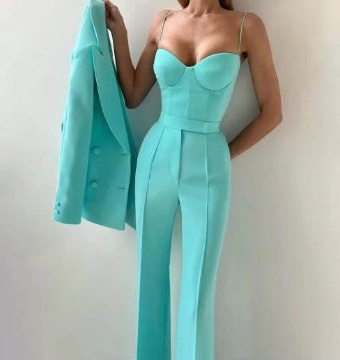 Women's Three-Piece High-Waist Flare Blazer Set Corset Top