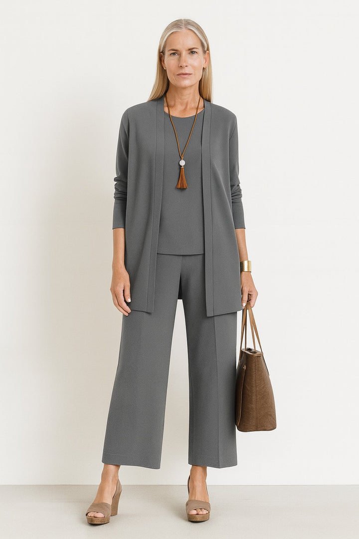 Women's Three-Piece Longline Cardigan Wide-Leg Cropped Pants Set - Gray