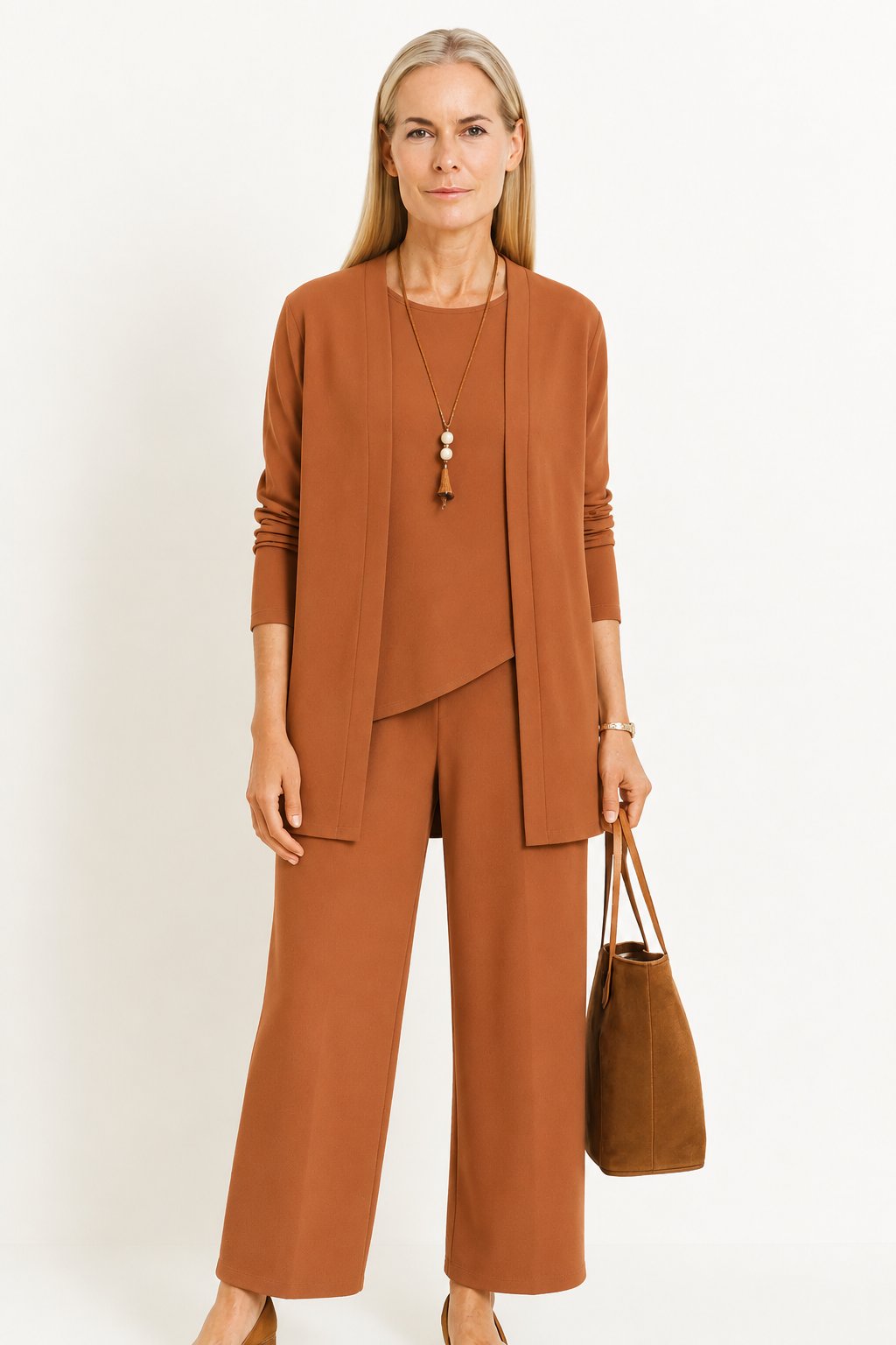 Women's Three-Piece Longline Cardigan Wide-Leg Cropped Pants Set - Light Brown