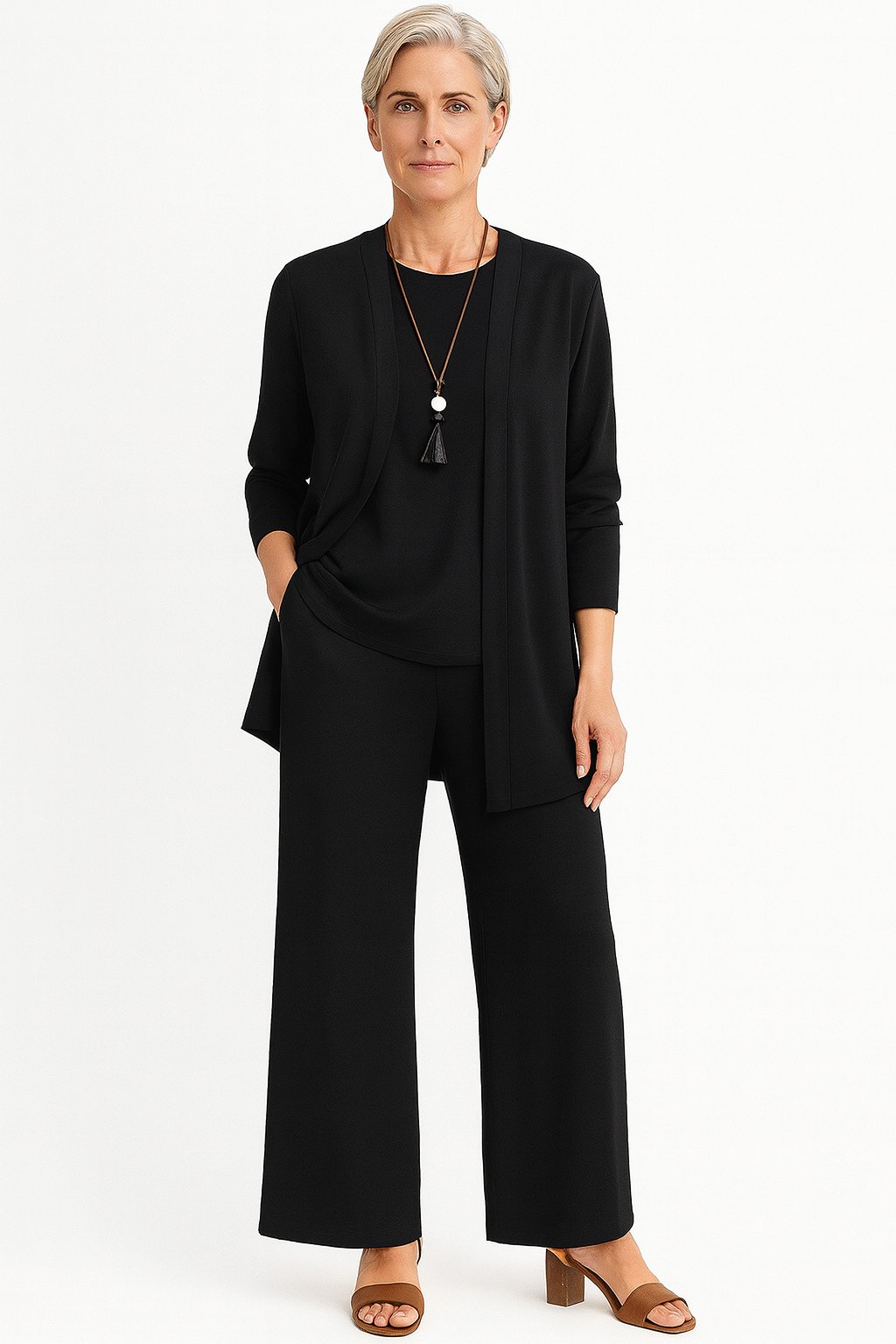 Women's Three-Piece Longline Cardigan Wide-Leg Cropped Pants Set - Black