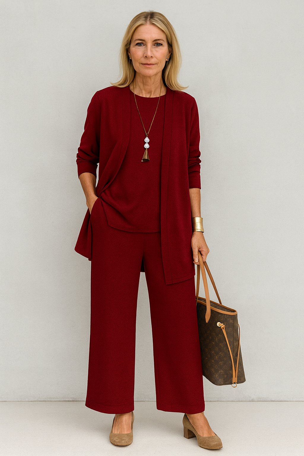 Women's Three-Piece Longline Cardigan Wide-Leg Cropped Pants Set - Red