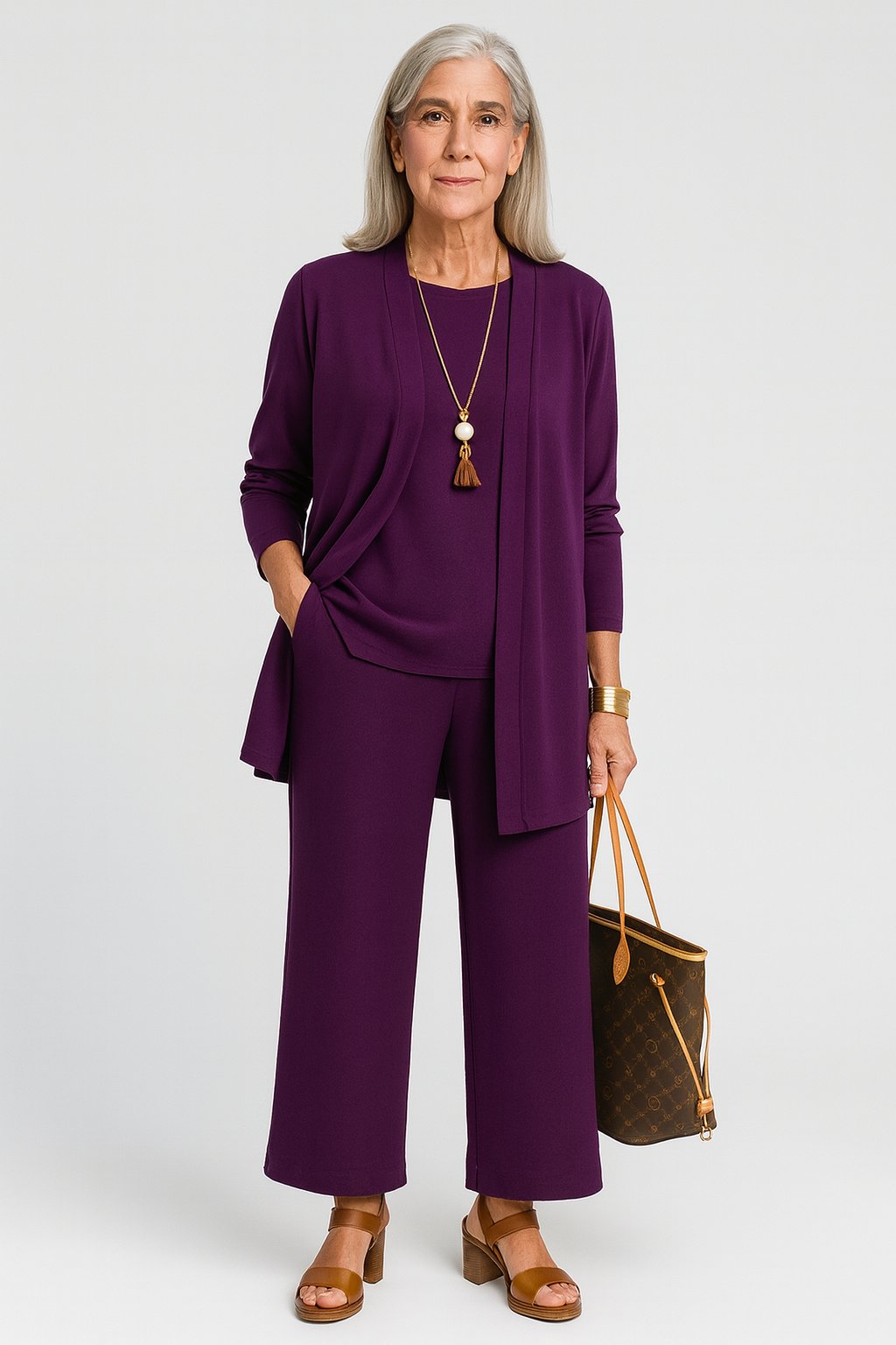 Women's Three-Piece Longline Cardigan Wide-Leg Cropped Pants Set - Purple