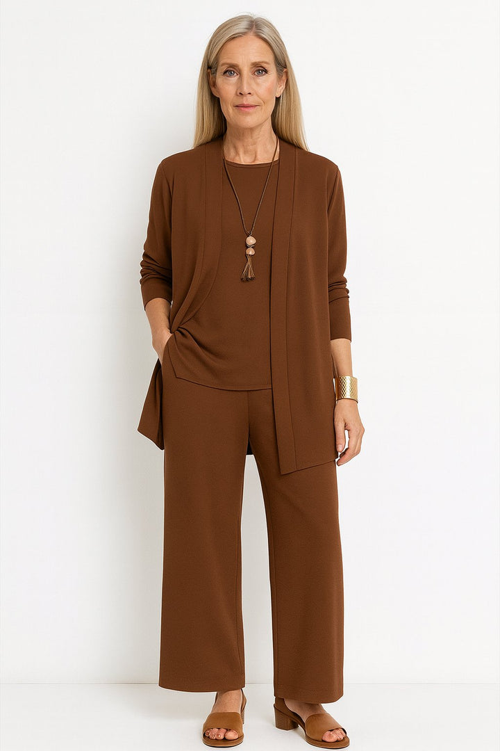 Women's Three-Piece Longline Cardigan Wide-Leg Cropped Pants Set - Brown