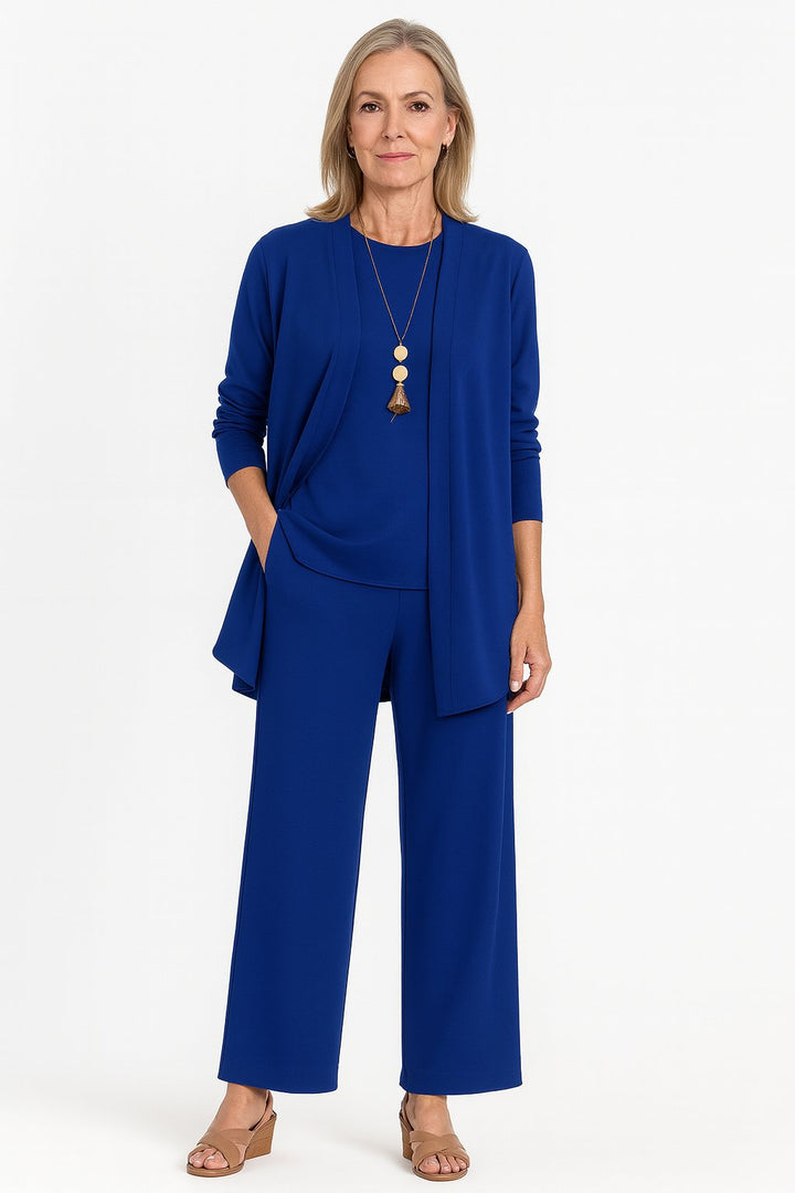 Women's Three-Piece Longline Cardigan Wide-Leg Cropped Pants Set - Blue