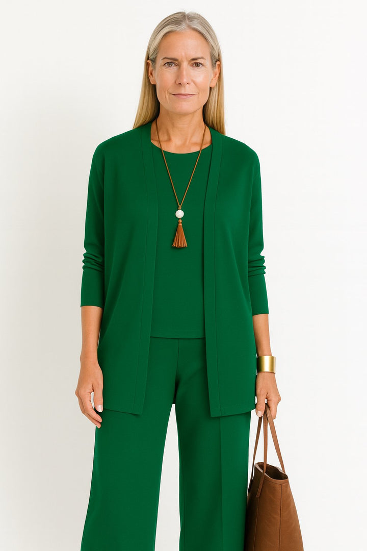 Women's Three-Piece Longline Cardigan Wide-Leg Cropped Pants Set - Green