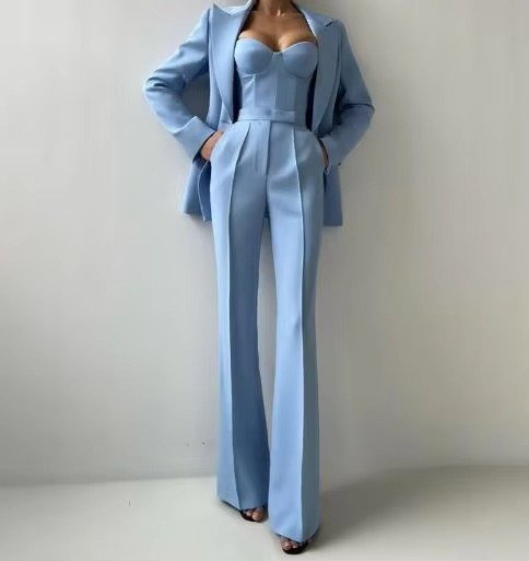 Women's Three-Piece Single-Button Blazer Set with Sweetheart Corset Top - Blue