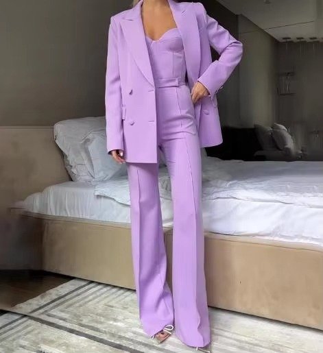 Women's Three-Piece Single-Button Blazer Set with Sweetheart Corset Top - Purple