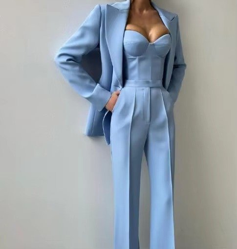 Women's Three-Piece Single-Button Blazer Set with Sweetheart Corset Top