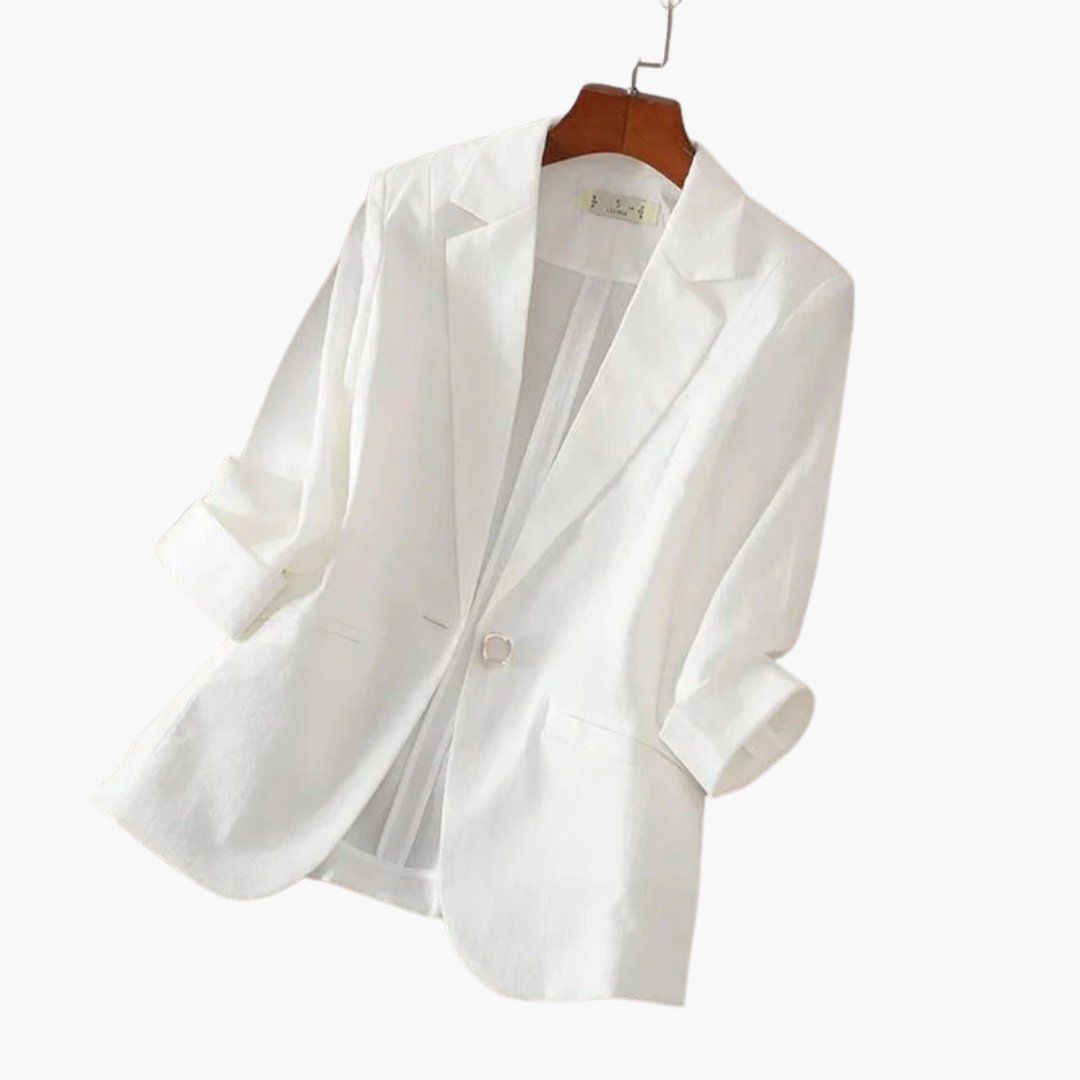 Women's Three-Quarter Sleeve Notched Lapel Single-Button Linen Blazer - White