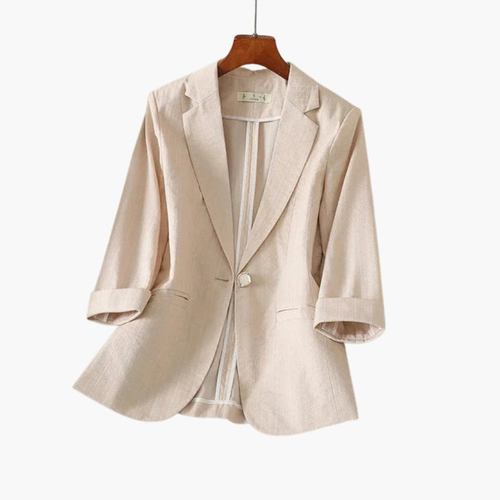 Women's Three-Quarter Sleeve Notched Lapel Single-Button Linen Blazer - Beige