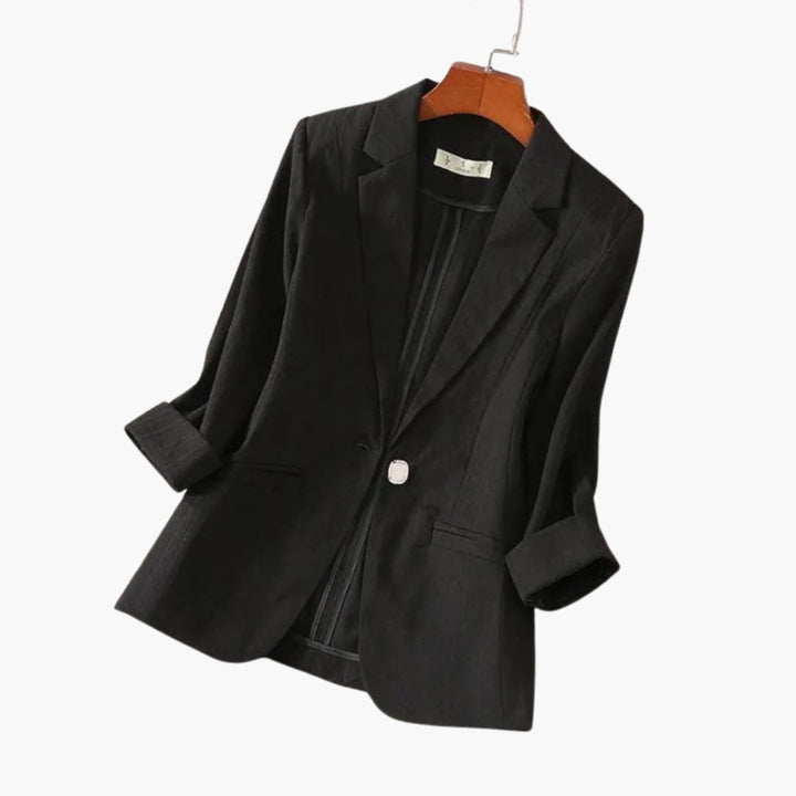 Women's Three-Quarter Sleeve Notched Lapel Single-Button Linen Blazer - Black