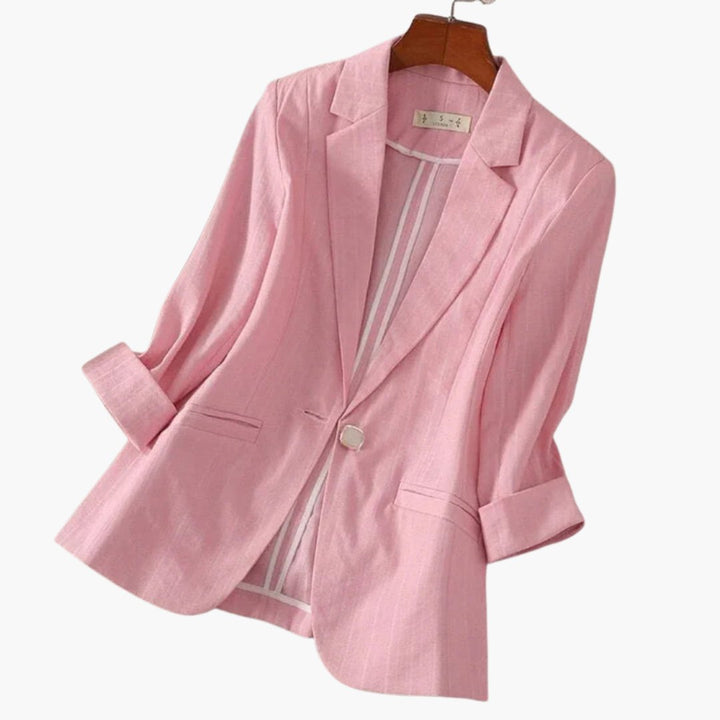 Women's Three-Quarter Sleeve Notched Lapel Single-Button Linen Blazer - Pink