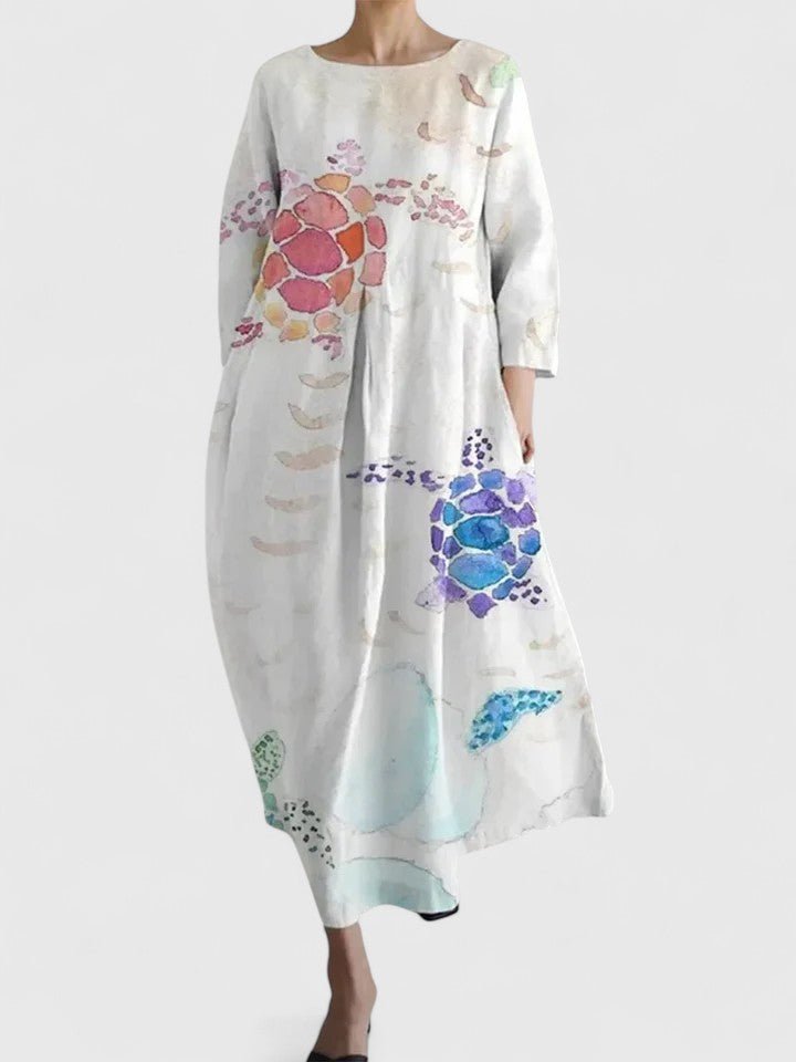 Women's Three Quarter Sleeve Turtle Print Midi Dress - Flower 1