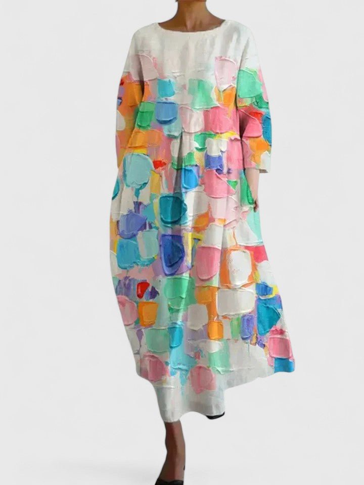 Women's Three Quarter Sleeve Turtle Print Midi Dress - Flower 2