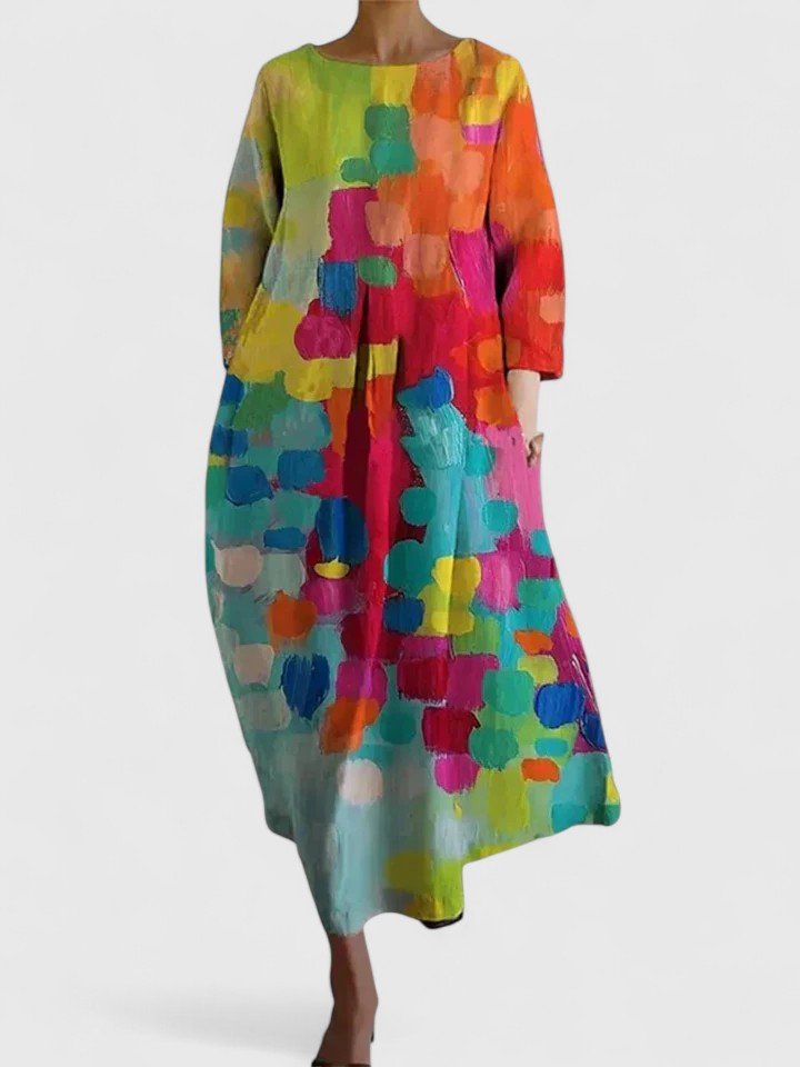 Women's Three Quarter Sleeve Turtle Print Midi Dress - Flower 3