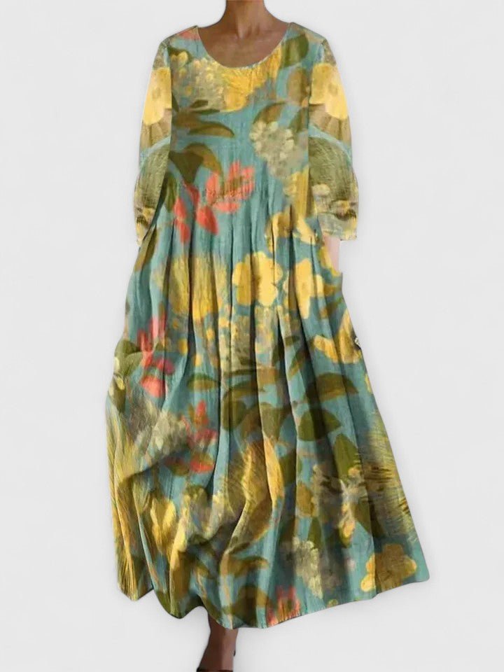 Women's Three Quarter Sleeve Turtle Print Midi Dress - Flower 4