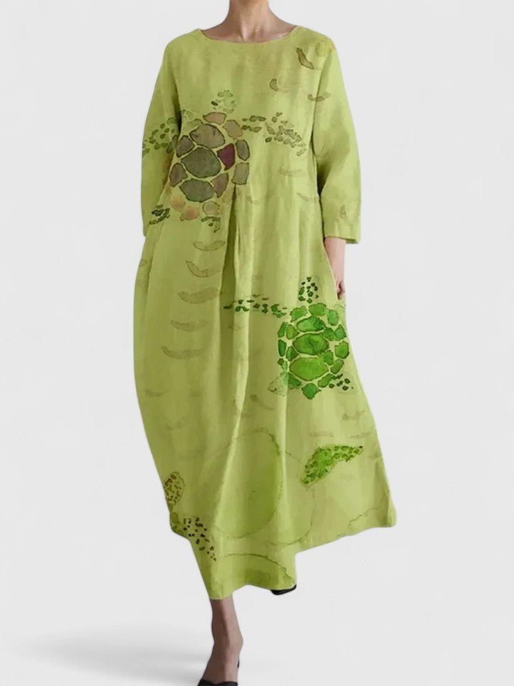 Women's Three Quarter Sleeve Turtle Print Midi Dress - Flower 5