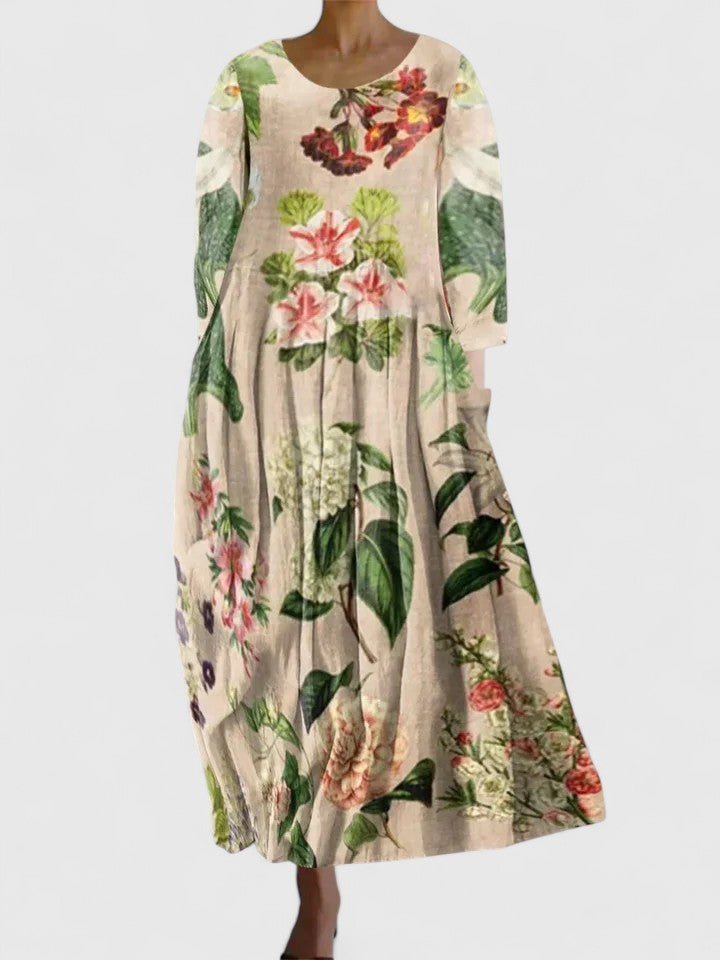 Women's Three Quarter Sleeve Turtle Print Midi Dress - Flower 6