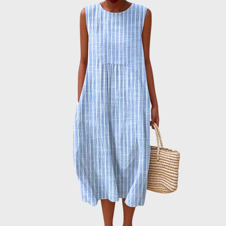 Women's Tiered Linen Sleeveless Midi Dress - Blue