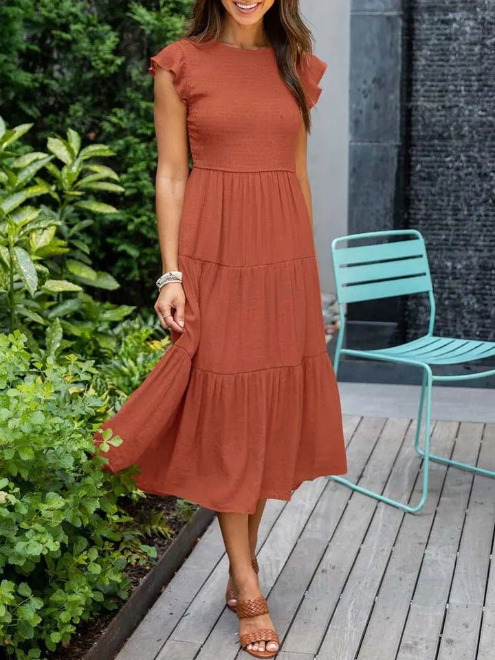 Women's Tiered Ruffle-Sleeve Midi Dress - Orange
