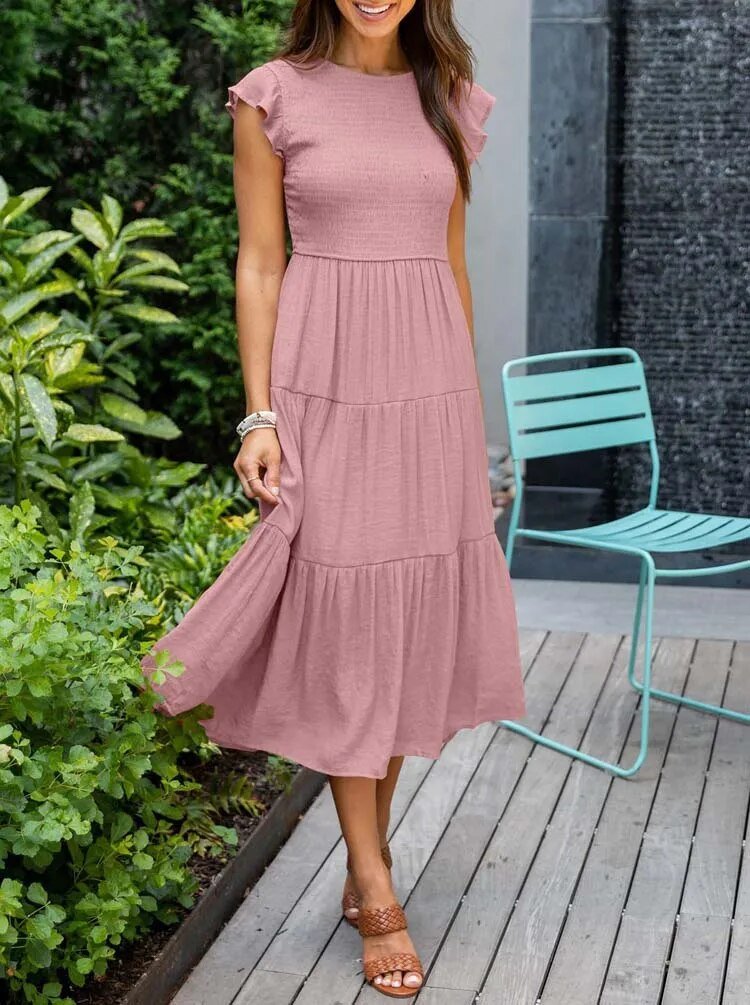 Women's Tiered Ruffle-Sleeve Midi Dress - Pink