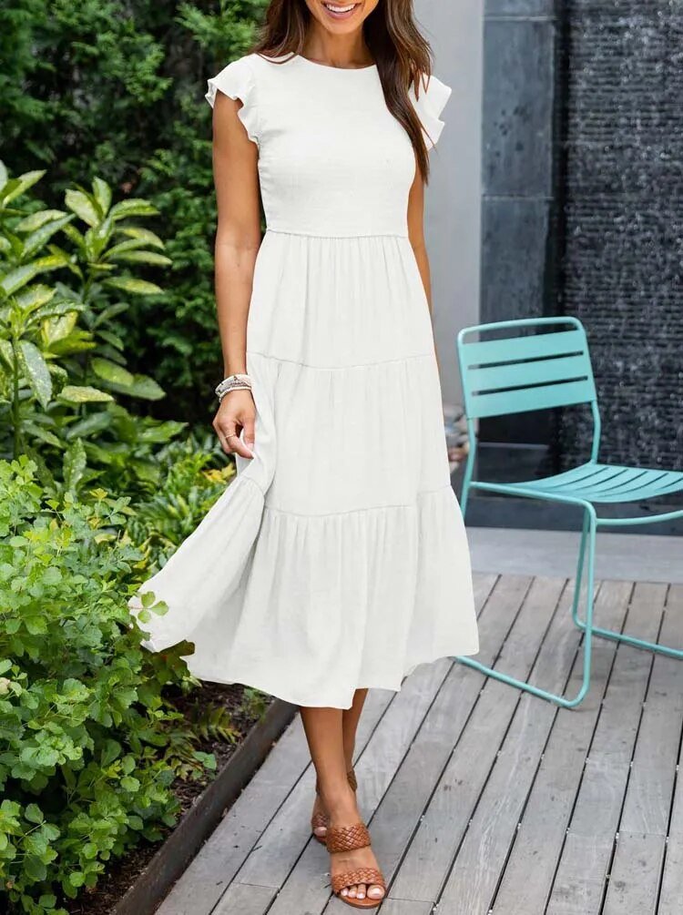 Women's Tiered Ruffle-Sleeve Midi Dress - White