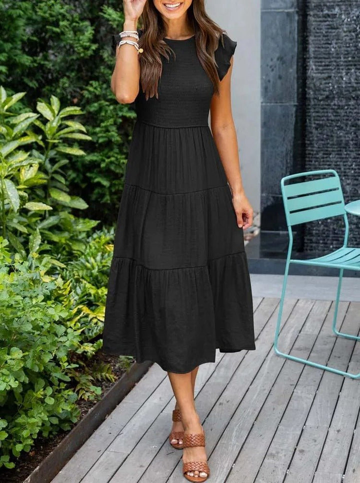 Women's Tiered Ruffle-Sleeve Midi Dress - Black