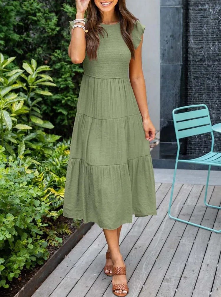 Women's Tiered Ruffle-Sleeve Midi Dress - Dark green