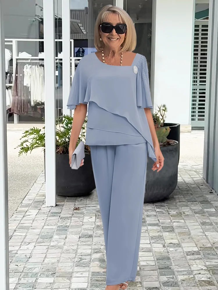 Women's Two Piece Draped Top Wide-Leg Pants Flowing Set - Light Blue