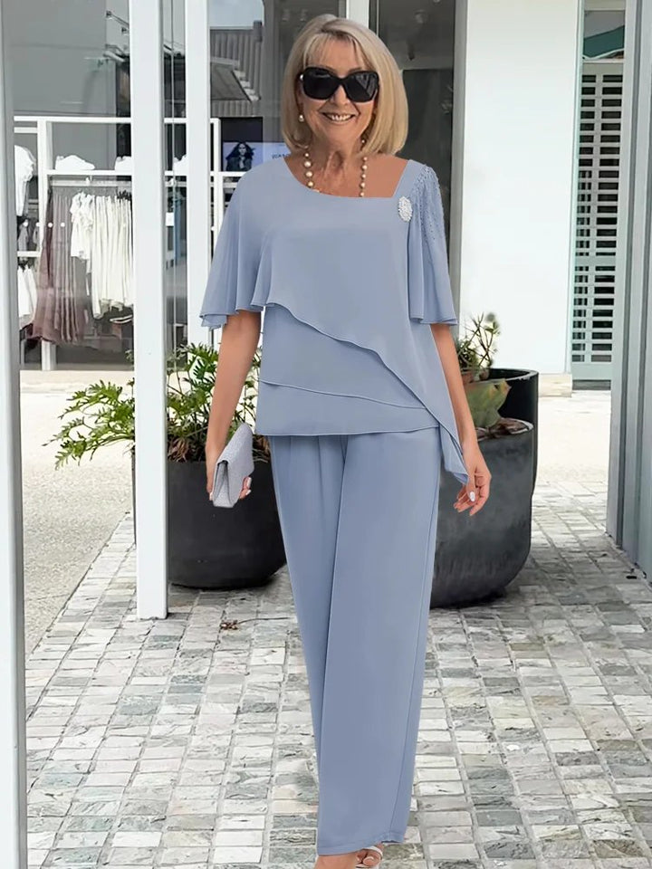 Women's Two Piece Draped Top Wide-Leg Pants Flowing Set - Light Blue