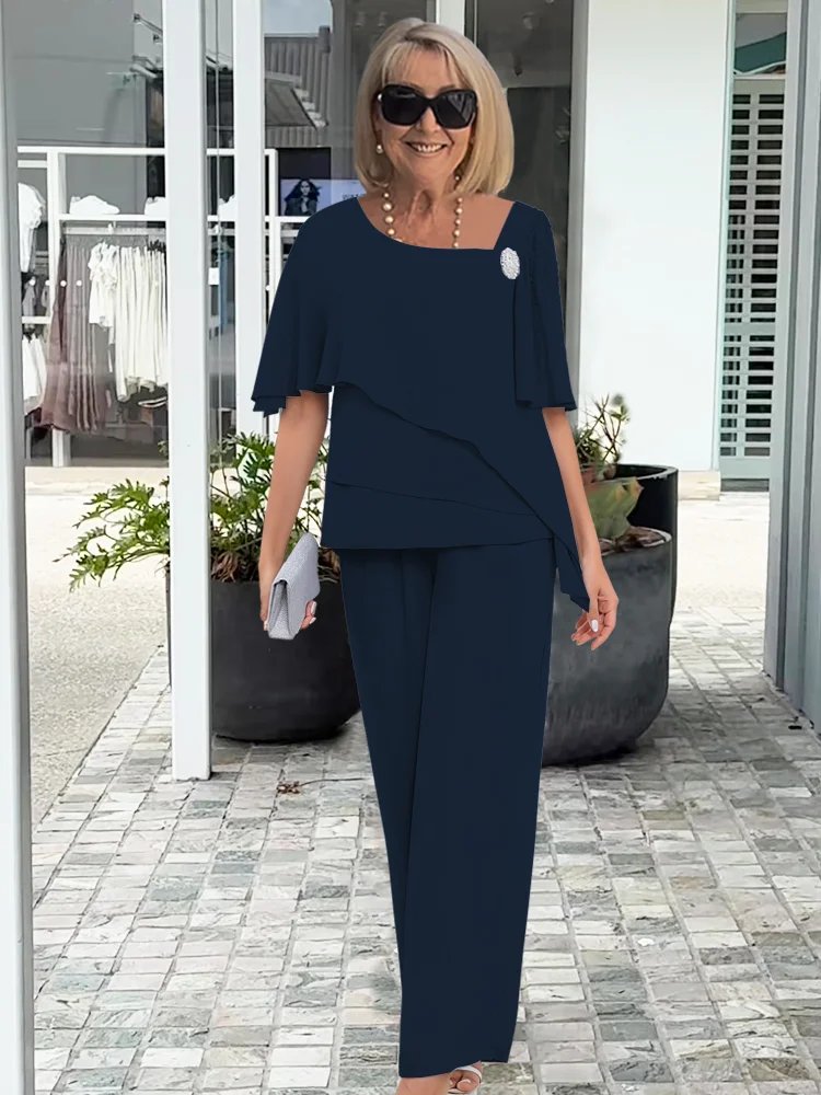 Women's Two Piece Draped Top Wide-Leg Pants Flowing Set - Navy Blue