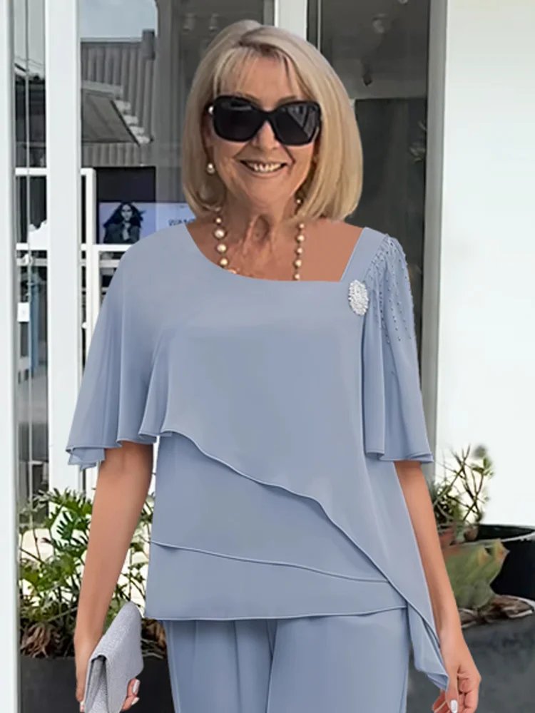 Women's Two Piece Draped Top Wide-Leg Pants Flowing Set