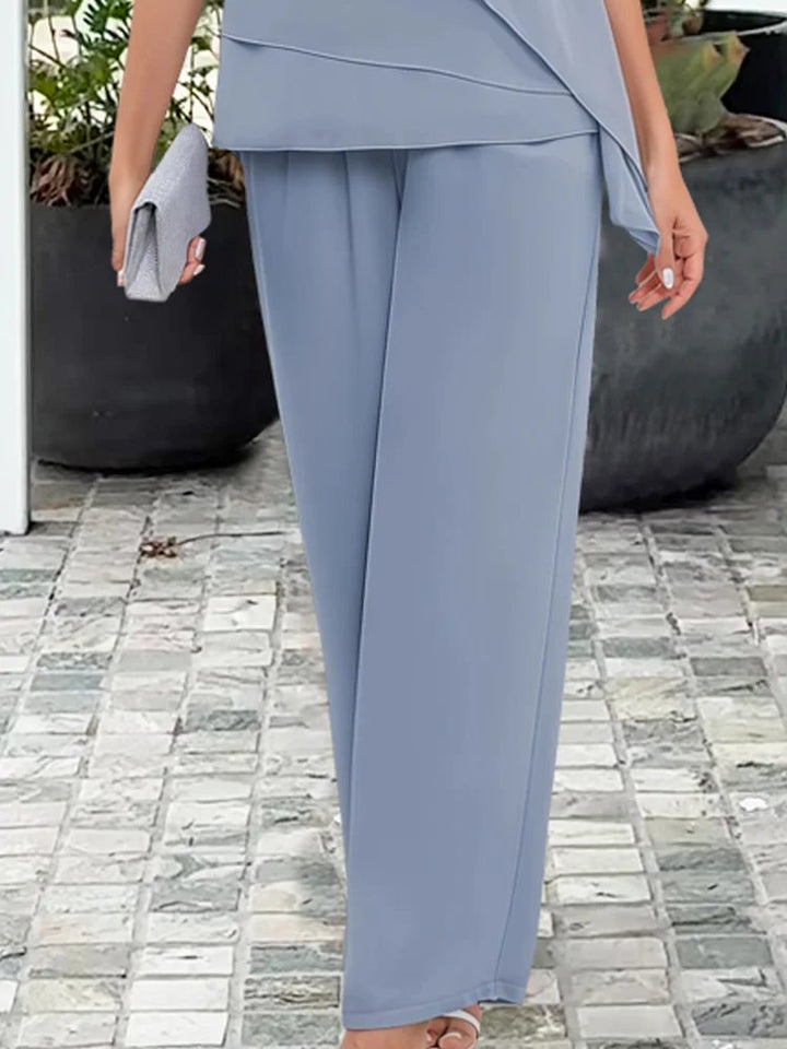 Women's Two Piece Draped Top Wide-Leg Pants Flowing Set