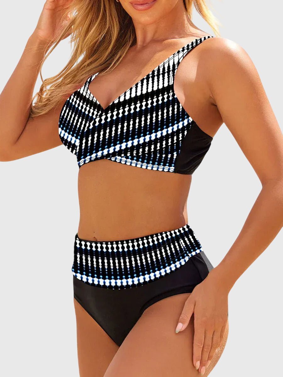 Women's Two-Piece Geometric Print V-Neck Bikini Set - Polka Dots