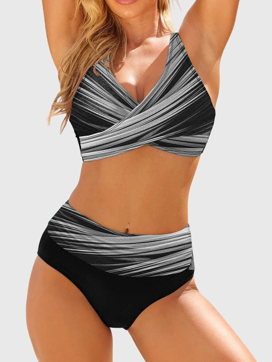 Women's Two-Piece Geometric Print V-Neck Bikini Set - Grijs