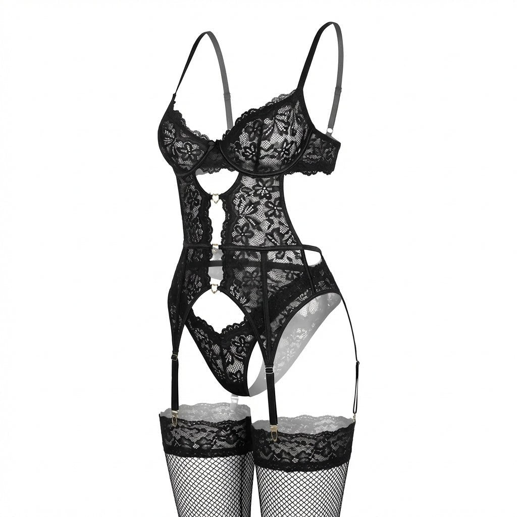 Women's Underwire Lace Garter Belt Lingerie Set - Black