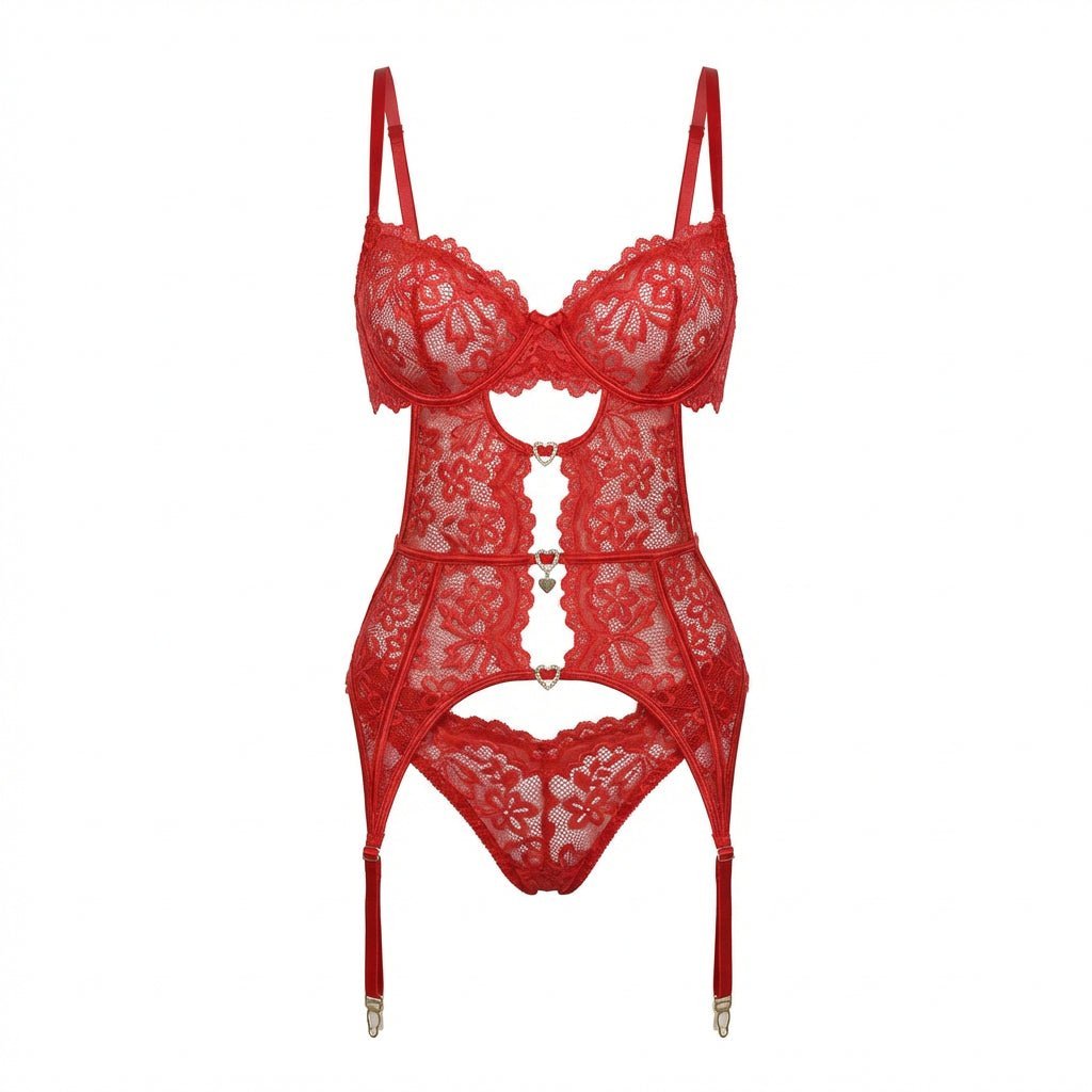 Women's Underwire Lace Garter Belt Lingerie Set - Red