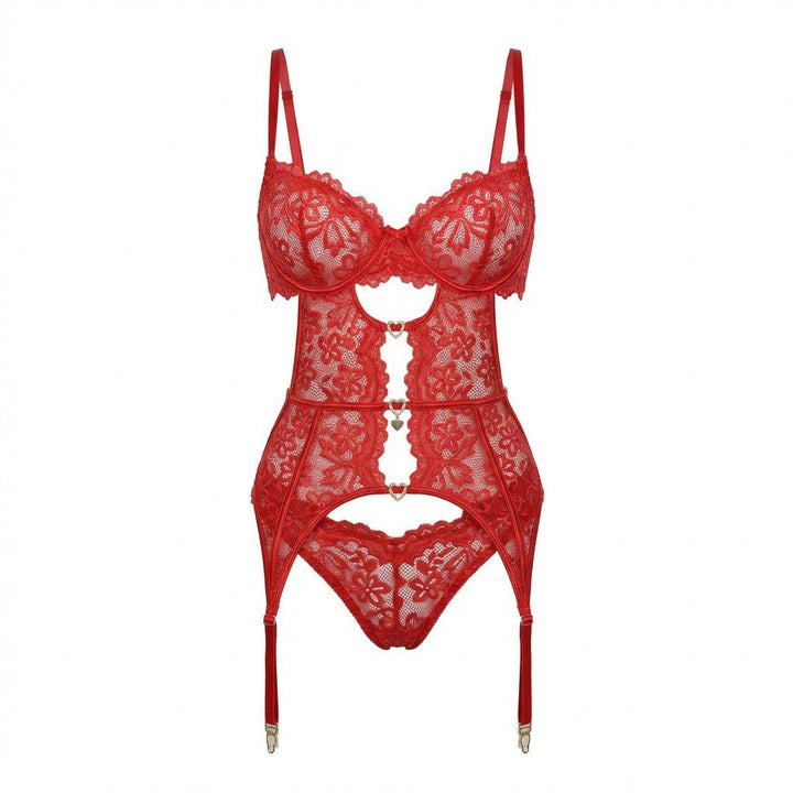 Women's Underwire Lace Garter Belt Lingerie Set - Red